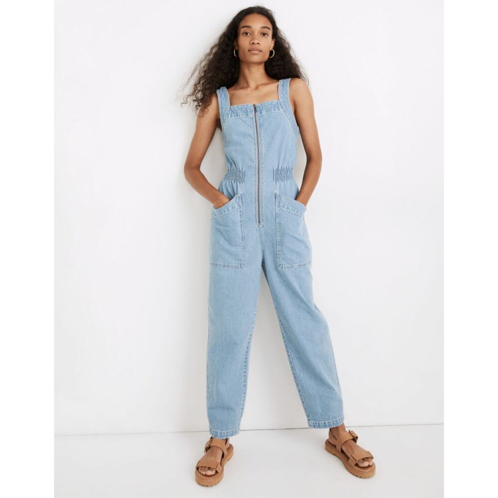 Madewell Women’s Denim Zip Smock Waist Jumpsuit Baisley Wash Size Small NWT